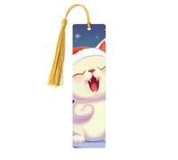 Marque-page en bois avec pendentif en forme de chat mignon chantant des chants de Noël - Marque-page unique fait à la main - Marqueur de livre pour les amateurs de livres - Décoration idéale pour un