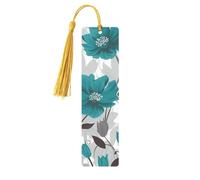 Marque-page en bois avec pendentif floral bleu sarcelle gris et blanc avec pendentif en forme de pampille unique fait à la main pour les amateurs de livres, marque-pages, idéal pour un cadeau