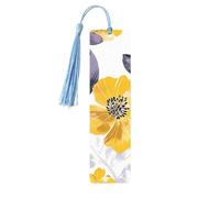 Marque-page en bois avec pompon en forme de fleur jaune et grise aquarelle pour homme et femme - Cadeau pour les amateurs de livres