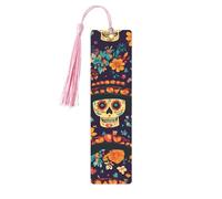 Marque-page en bois avec pompon - Motif tête de mort - Motif tête de mort - Cadeau pour les amateurs de livres