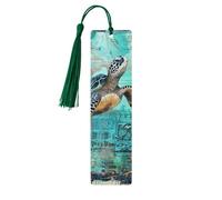 Marque-page en bois avec pompon - Motif tortue de mer et corail - Cadeau pour les amateurs de livres