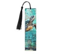 Marque-page en bois avec pompon - Motif tortue de mer et corail - Cadeau pour les amateurs de livres