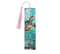 Marque-page en bois avec pompon - Motif tortue de mer et corail - Cadeau pour les amateurs de livres