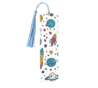 Marque-page en bois avec pompon pour homme et femme - Motif planète de dessin animé - Cadeau pour les amateurs de livres