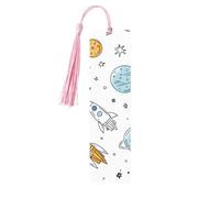 Marque-page en bois avec pompon pour homme et femme - Motif planète spatiale - Cadeau pour les amateurs de livres
