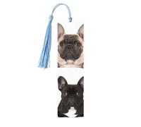 Marque-page en bois avec pompons en bois à suspendre - Bouledogue français fait à la main - Ornements vintage en bois - Marque-page de lecture pour homme et femme