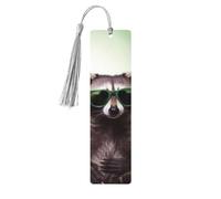 Marque-page en bois avec pompons en bois à suspendre - Motif raton laveur - Lunettes de soleil vertes - Fait à la main - Ornements vintage en bois - Marque-page de lecture pour homme et femme