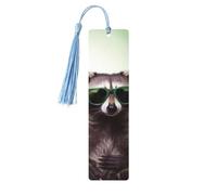 Marque-page en bois avec pompons en bois à suspendre - Motif raton laveur - Lunettes de soleil vertes - Fait à la main - Ornements vintage en bois - Marque-page de lecture pour homme et femme