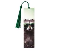 Marque-page en bois avec pompons en bois à suspendre - Motif raton laveur - Lunettes de soleil vertes - Fait à la main - Ornements vintage en bois - Marque-page de lecture pour homme et femme