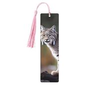Marque-page en bois avec pompons en bois à suspendre Wild Bobcat - Marque-page fait à la main - Ornements vintage en bois - Marque-page de lecture pour homme et femme