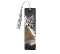 Marque-page en bois avec pompons en bois à suspendre Wild Bobcat - Marque-page fait à la main - Ornements vintage en bois - Marque-page de lecture pour homme et femme