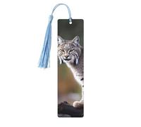 Marque-page en bois avec pompons en bois à suspendre Wild Bobcat - Marque-page fait à la main - Ornements vintage en bois - Marque-page de lecture pour homme et femme