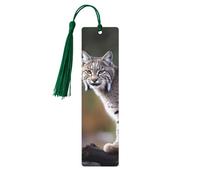Marque-page en bois avec pompons en bois à suspendre Wild Bobcat - Marque-page fait à la main - Ornements vintage en bois - Marque-page de lecture pour homme et femme
