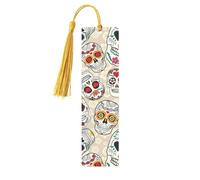 Marque-page en bois avec pompons en forme de tête de mort mexicaine - Étiquettes rectangulaires en bois naturel - Cadeaux pour homme et femme
