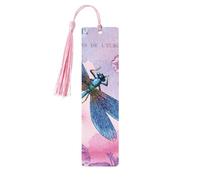 Marque-page en bois avec pompons et fleurs roses et libellules bleues pour lire des livres à couverture rigide