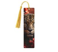 Marque-page en bois avec rose rouge et tigre, pour les amateurs de livres, marque-page en bois fait à la main avec pompon, marque-page de lecture, étiquettes cadeaux en bois pour décorations