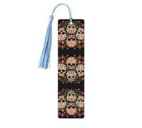 Marque-page en bois bleu ciel - Motif tête de mort double face - Impression complète pour livres, journaux, cahiers - Cadeau idéal