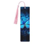 Marque-page en bois bleu en forme de papillon pour les amateurs de livres, fait à la main avec pompons colorés, marqueurs de page imprimés double face, accessoires de livre artistique, cadeau pour
