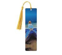 Marque-page en bois bleu en forme d'étoile de mer pour les amateurs de livres, fait à la main avec pompons colorés, marque-page imprimés double face, accessoires de livre artistique, cadeau pour homme
