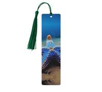 Marque-page en bois bleu en forme d'étoile de mer pour les amateurs de livres, fait à la main avec pompons colorés, marque-page imprimés double face, accessoires de livre artistique, cadeau pour homme