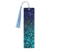 Marque-page en bois bleu sarcelle à paillettes pour les amateurs de livres, marque-page fait à la main avec pompons colorés imprimés double face, accessoires de livre artistique, cadeau pour homme et