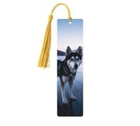 Marque-page en bois de chien Husky sur un lac gelé pour hommes, femmes, enseignants, cadeau vintage fait à la main, marque-pages pour lecture, marque-pages à suspendre, ornements en bois avec pompon