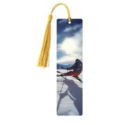 Marque-page en bois de ski d'hiver avec pendentif en forme de pompon unique fait à la main - Marqueur de livre pour les amateurs de livres - Marqueurs de page - Idéal pour un cadeau d'anniversaire