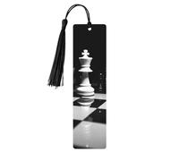 Marque-page en bois d'échecs noir et blanc avec pendentif en forme de pompon unique fait à la main - Marqueur de livre pour les amateurs de livres - Marqueurs de page - Ornement idéal pour un cadeau