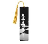 Marque-page en bois d'échecs noir et blanc avec pendentif en forme de pompon unique fait à la main - Marqueur de livre pour les amateurs de livres - Marqueurs de page - Ornement idéal pour un cadeau