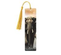 Marque-page en bois éléphant dans le brouillard pour les amateurs de livres, fait à la main avec pompons colorés, marque-page imprimés double face, accessoires de livre artistique, cadeau pour homme