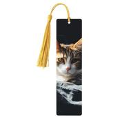 Marque-page en bois en forme de chat au repos pour les amateurs de livres, fait à la main avec pompons colorés, marque-page imprimés double face, accessoires de livre artistique, cadeau pour homme et