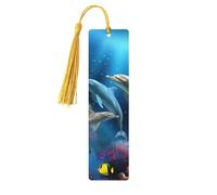 Marque-page en bois fait à la main avec pompon en forme de dauphins sous-marins, poisson corail, marque-page en bois pour les amateurs de livres, étiquettes cadeaux en bois pour décorations