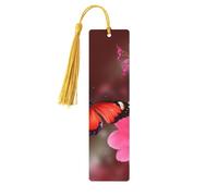 Marque-page en bois fait à la main avec pompon en forme de fleur rouge et papillon, marque-page en bois pour les amateurs de livres, étiquettes cadeaux en bois pour décorations artisanales