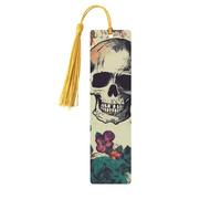 Marque-page en bois fait à la main avec pompon en forme de tête de mort et fleur pour les amateurs de livres, étiquettes cadeaux en bois pour décorations artisanales