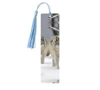Marque-page en bois fait à la main pour homme et femme avec deux loups marchant dans la neige pour les amateurs de livres, marqueurs de page de lecture, étiquettes en bois, ornements d'anniversaire
