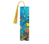 Marque-page en bois fait à la main pour les amateurs de livres The Underwater World avec pompon - Marque-page de lecture en bois - Étiquettes cadeaux en bois pour décorations artisanales