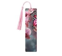 Marque-page en bois - Fleur d'orchidée et papillon, doux et frais, idéal pour le printemps, avec pompons. Marque-page créatif et vintage en bois pour les amoureux des livres. Marque-page de lecture fa