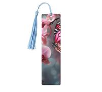 Marque-page en bois - Fleur d'orchidée et papillon, doux et frais, idéal pour le printemps, avec pompons. Marque-page créatif et vintage en bois pour les amoureux des livres. Marque-page de lecture fa