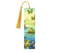 Marque-page en bois grenouille chantant pour les amateurs de livres, fait à la main avec pompons colorés, marque-page imprimés double face, accessoires de livre artistique, cadeau pour homme et femme