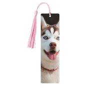 Marque-page en bois Husky Piquant Dog pour les amateurs de livres, fait à la main avec pompons colorés, marque-page imprimés double face, accessoires de livre artistique, cadeau pour homme et femme