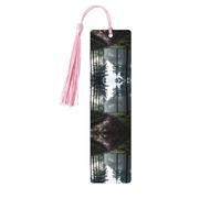 Marque-page en bois imprimé arbres et animaux, étiquettes rectangulaires en bois naturel avec pompons, cadeau pour homme et femme