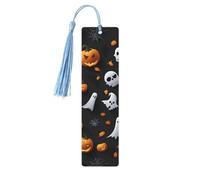 Marque-page en bois imprimé avec joli motif d'Halloween pour femmes et hommes, avec pompons pour les amateurs de livres, cadeaux