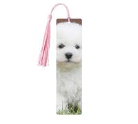 Marque-page en bois imprimé bichon frisé avec pompons pour lire des livres à couverture rigide