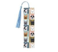 Marque-page en bois imprimé bouledogue français avec pompons colorés élégants, rétro et naturels pour les amateurs de livres