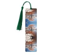 Marque-page en bois imprimé ciel à travers l'arbre, étiquettes rectangulaires en bois naturel avec pompons, cadeau pour homme et femme