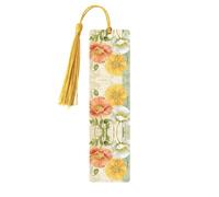 Marque-page en bois imprimé coquelicots pastel avec pompons pour la lecture de livres à couverture rigide