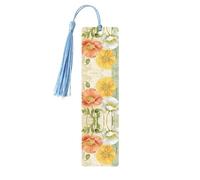 Marque-page en bois imprimé coquelicots pastel avec pompons pour la lecture de livres à couverture rigide