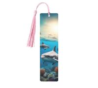 Marque-page en bois imprimé dauphins, tortue de mer, requin, pieuvre, corail avec pompon, beau marque-page fait à la main, marque-pages pour la lecture