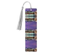 Marque-page en bois imprimé nuit de New York avec pompons pour la lecture de livres à couverture rigide