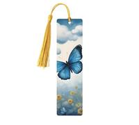 Marque-page en bois imprimé papillon bleu et nuages avec pompon, beaux marque-pages faits à la main, marque-pages pour la lecture